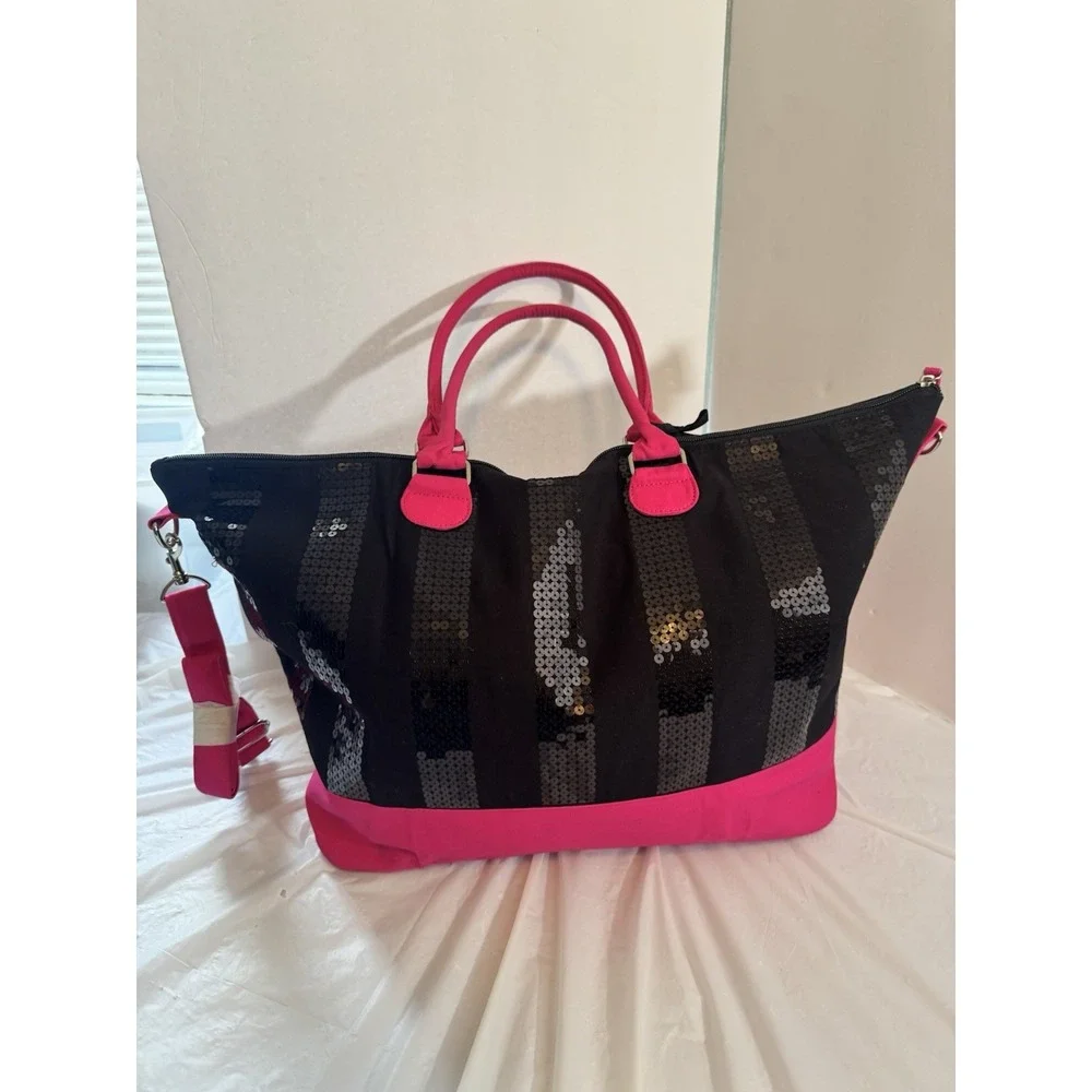 Victoria's Secret Black Hot Pink Sequin Tote Large Weekender Zip Shoulder Bag ~